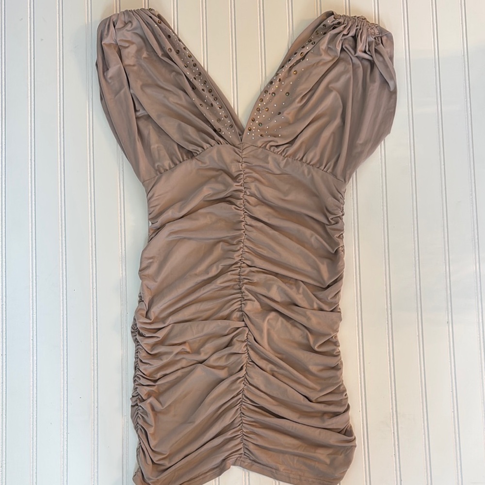 Elegant Ruched Mini Dress in Tan